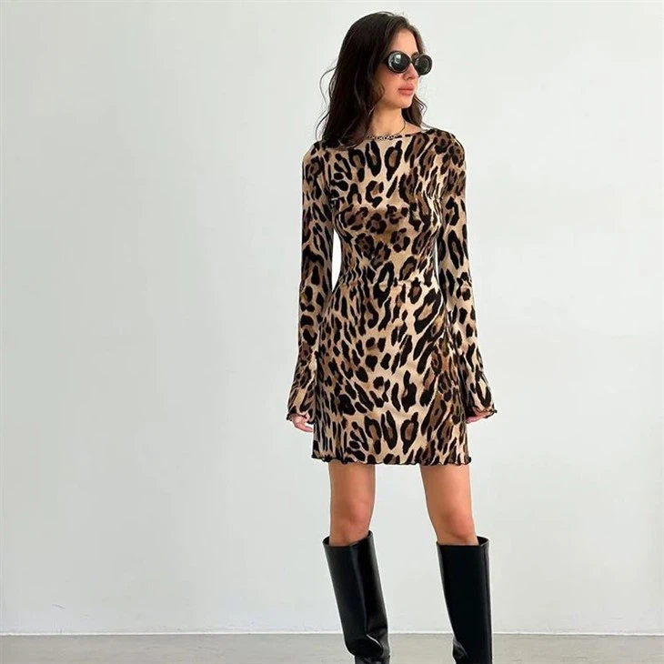 Leopard Print Long Sleeve Bodycon Mini Dress For Women