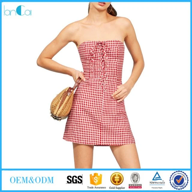 Radiant Red Checkered with ties Strapless Dress